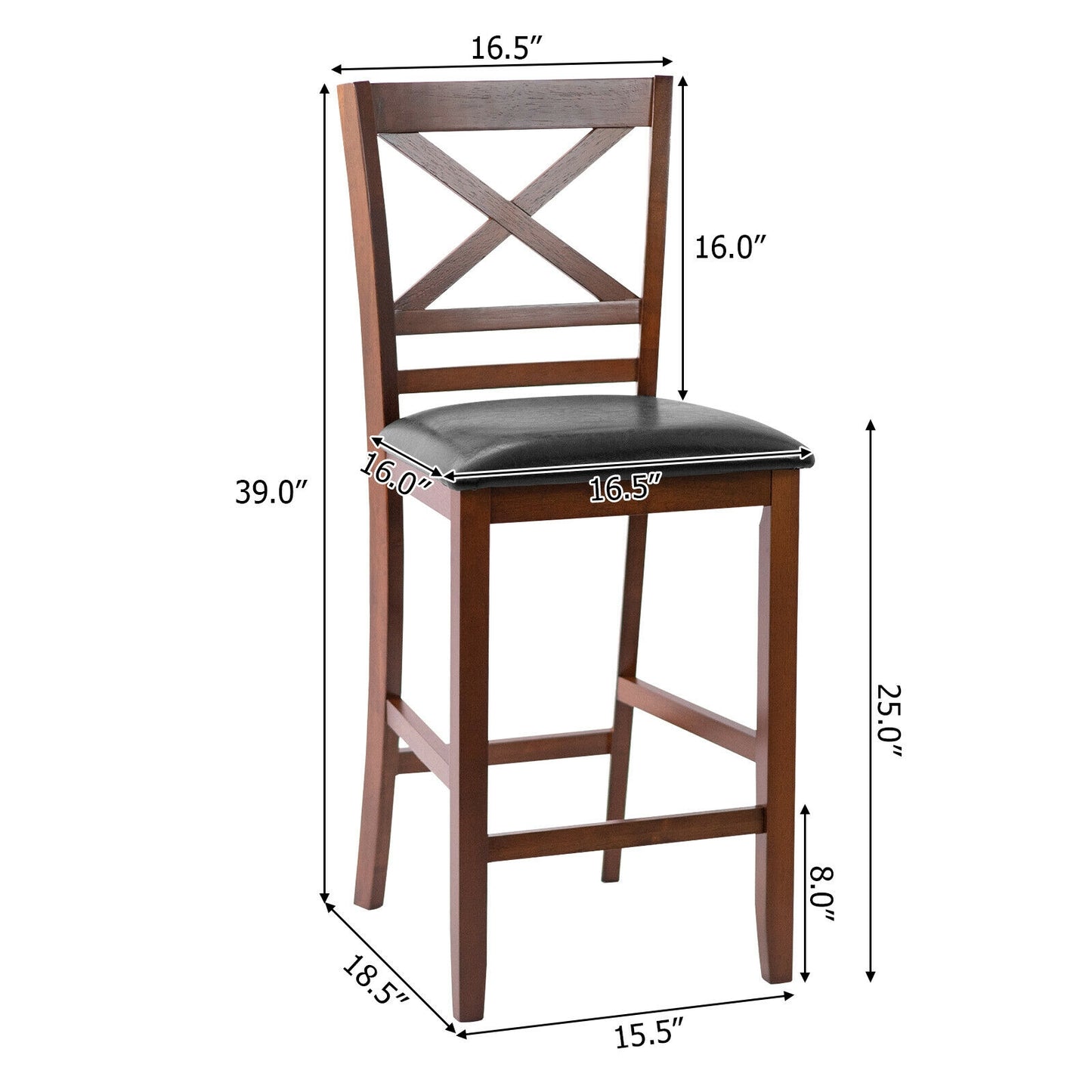 Set of 2 Counter Height Bar Stools with PU Leather Seat and Wooden X Backrest