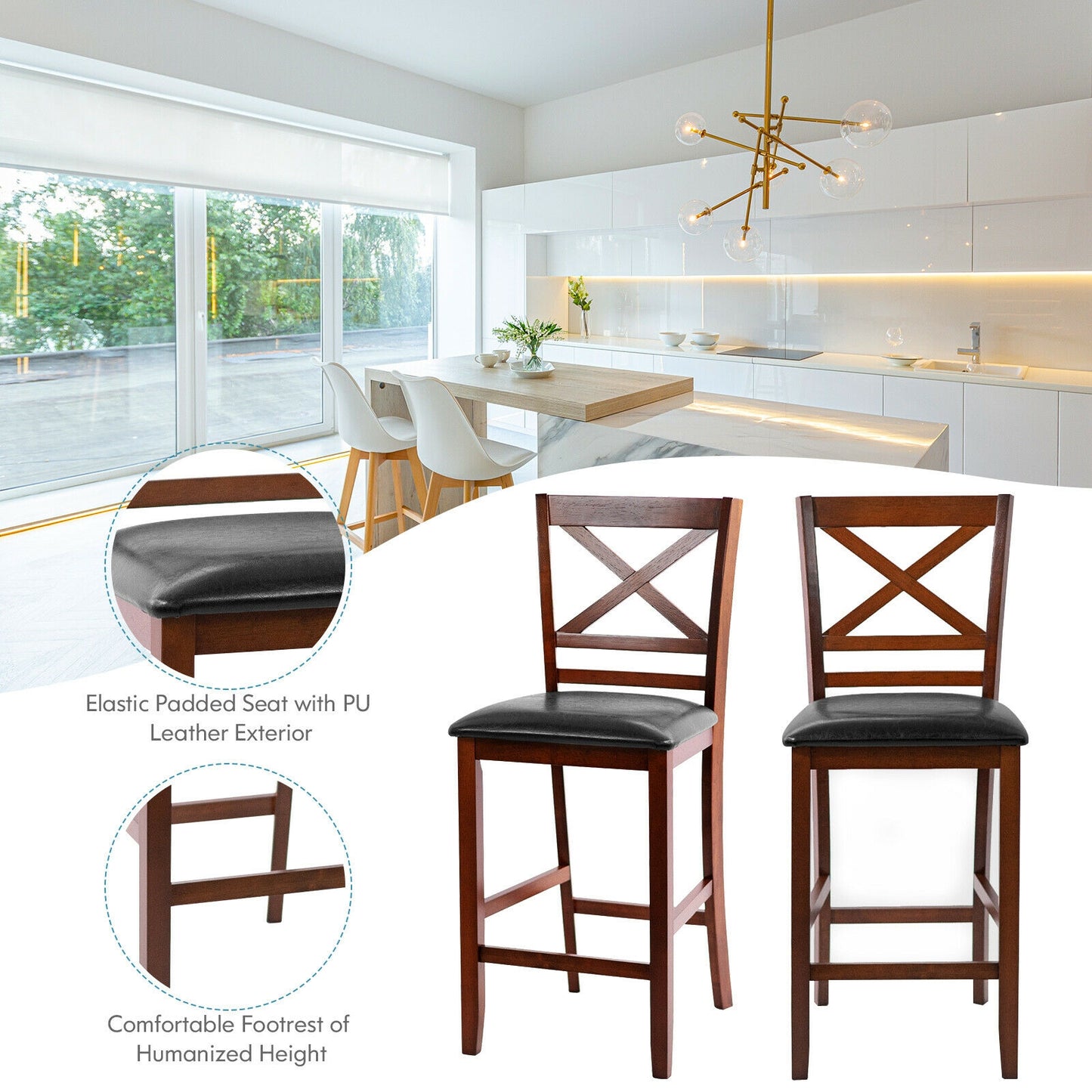 Set of 2 Counter Height Bar Stools with PU Leather Seat and Wooden X Backrest