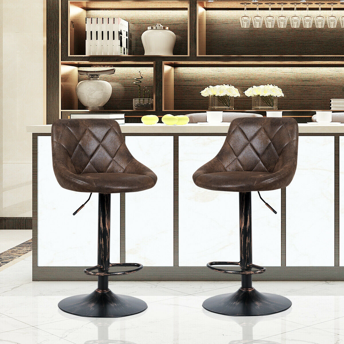 Adjustable Counter Height Swivel Bar Stools with Back Support and Footrest, Set of 2