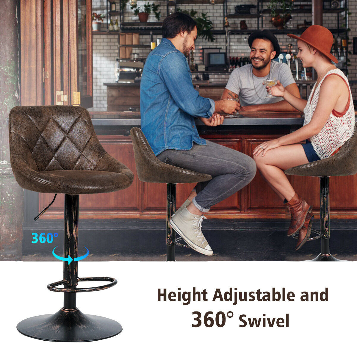 Adjustable Counter Height Swivel Bar Stools with Back Support and Footrest, Set of 2