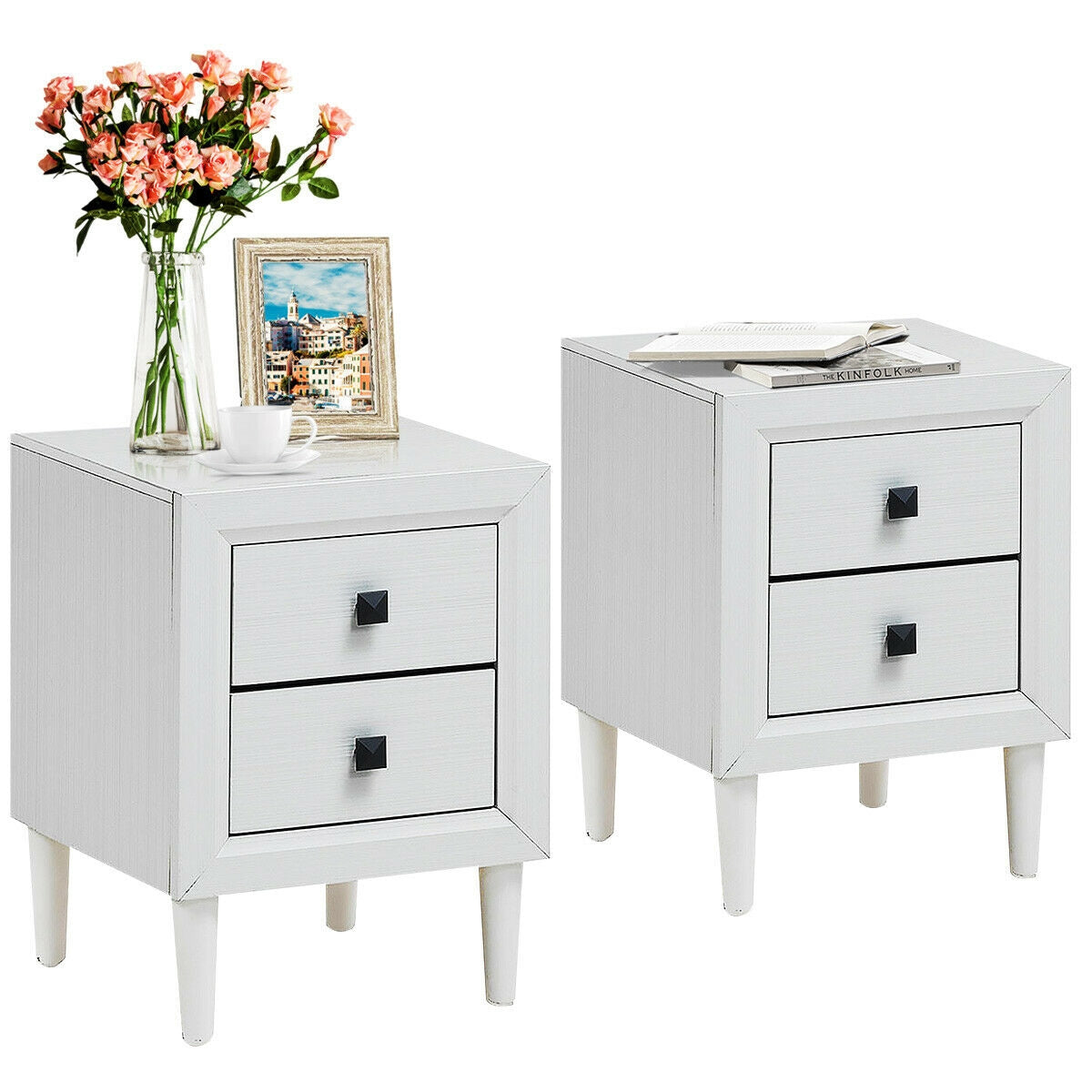 Set of 2 Retro Nightstands with 2 Drawers for Bedroom and Living Room Storage - White
