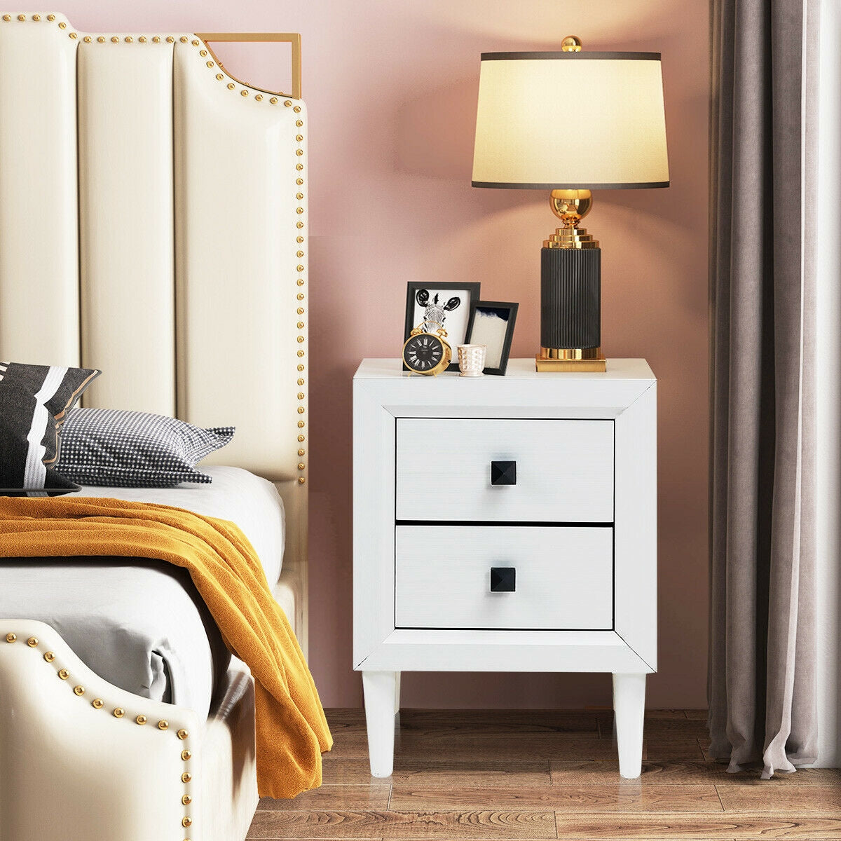 Set of 2 Retro Nightstands with 2 Drawers for Bedroom and Living Room Storage - White