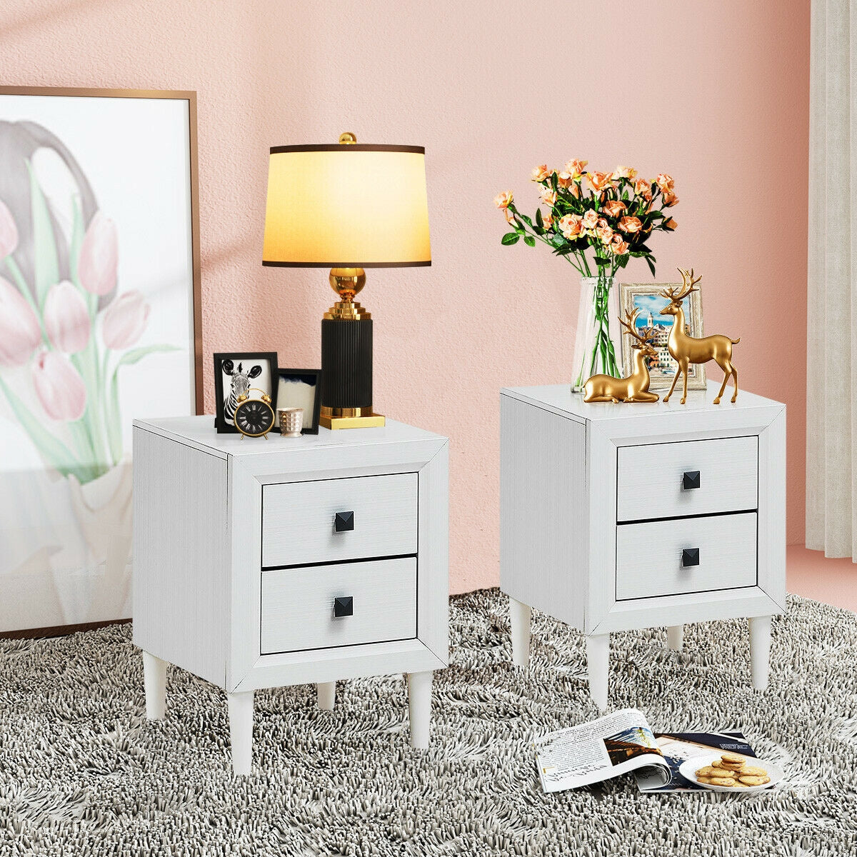 Set of 2 Retro Nightstands with 2 Drawers for Bedroom and Living Room Storage - White