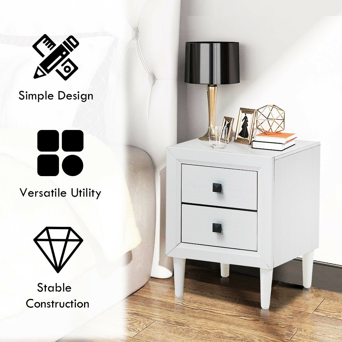 Set of 2 Retro Nightstands with 2 Drawers for Bedroom and Living Room Storage - White