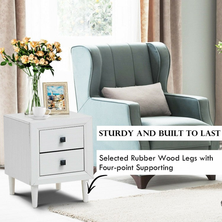 Set of 2 Retro Nightstands with 2 Drawers for Bedroom and Living Room Storage - White