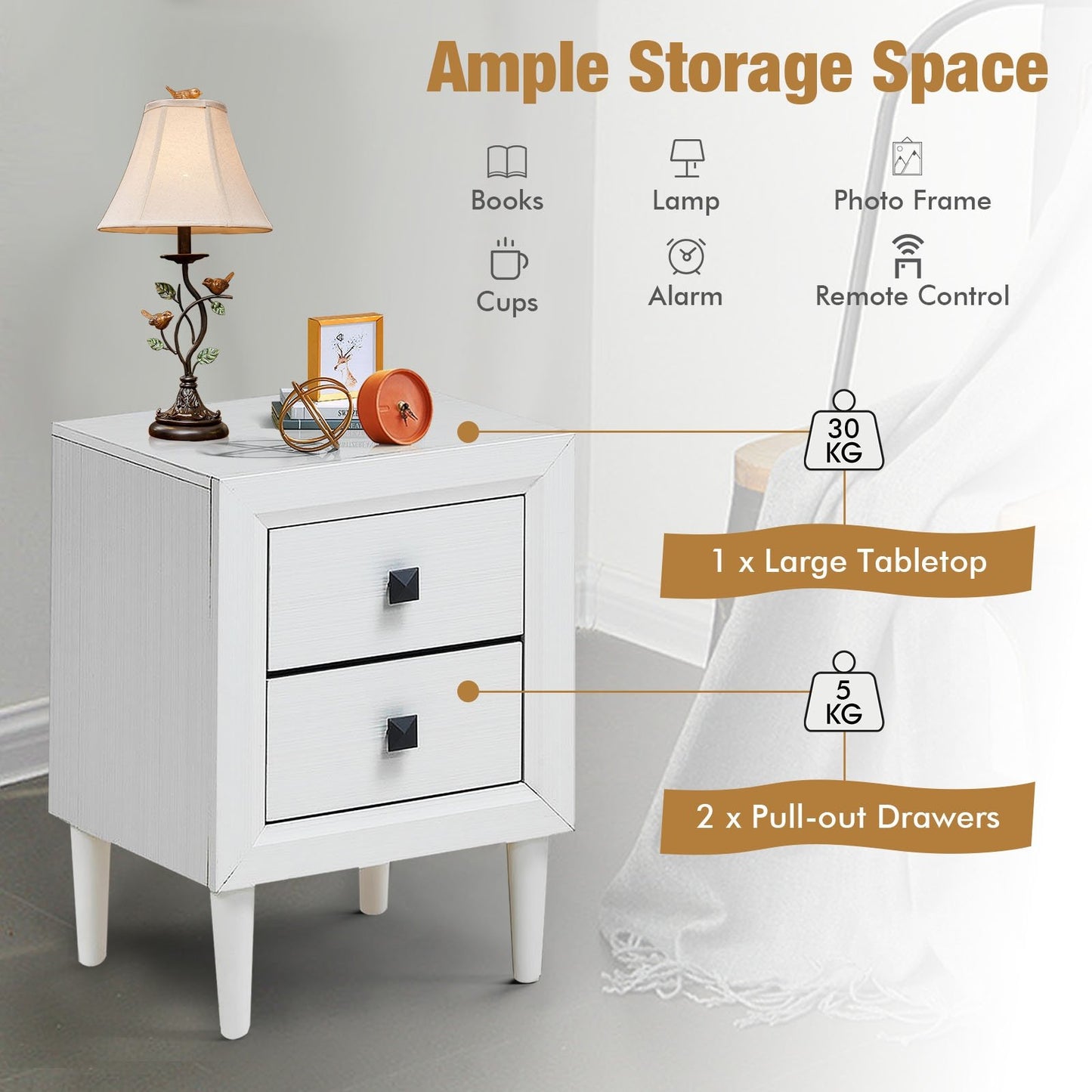 Multipurpose Retro Bedside Nightstand with 2 Drawers – White End Table