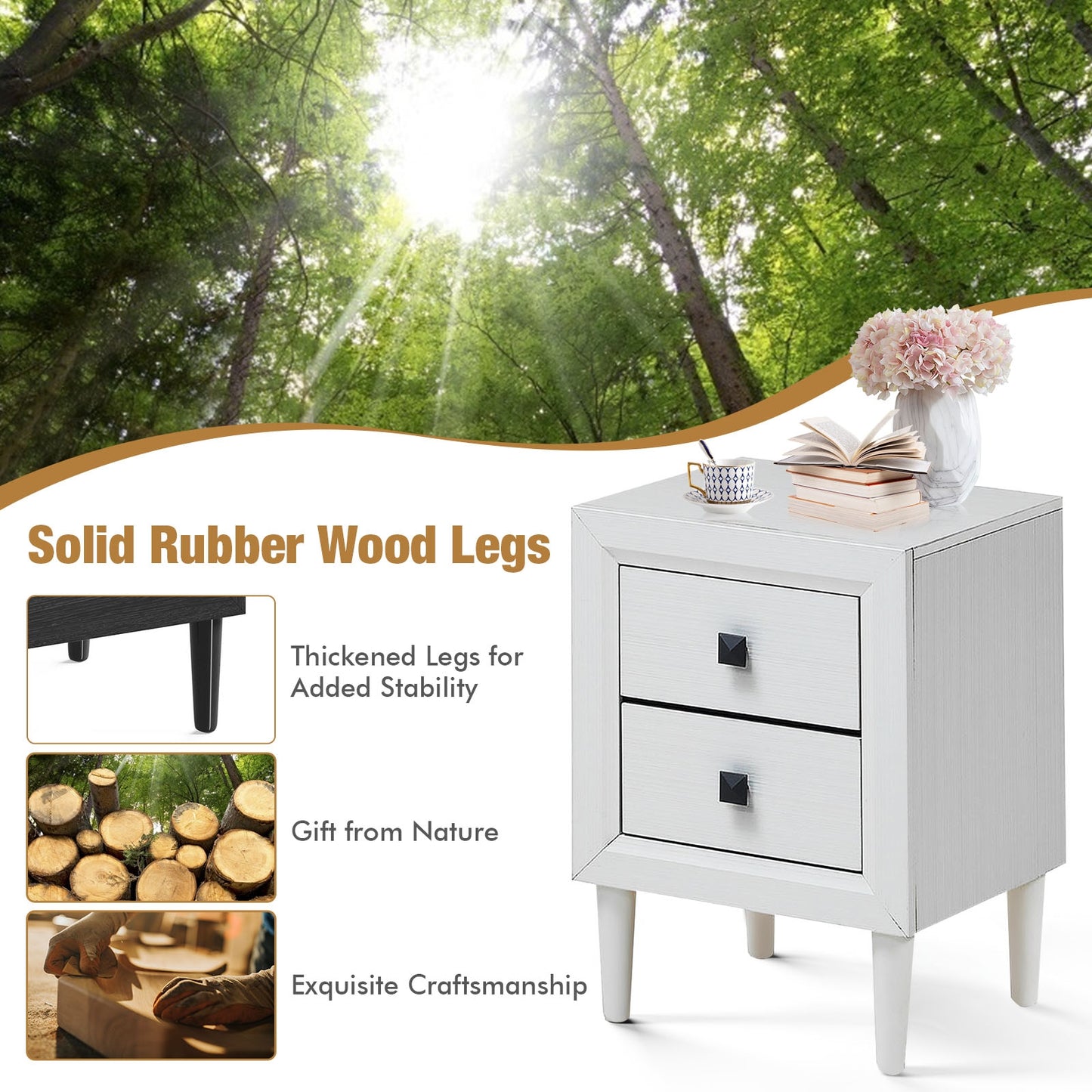 Multipurpose Retro Bedside Nightstand with 2 Drawers – White End Table