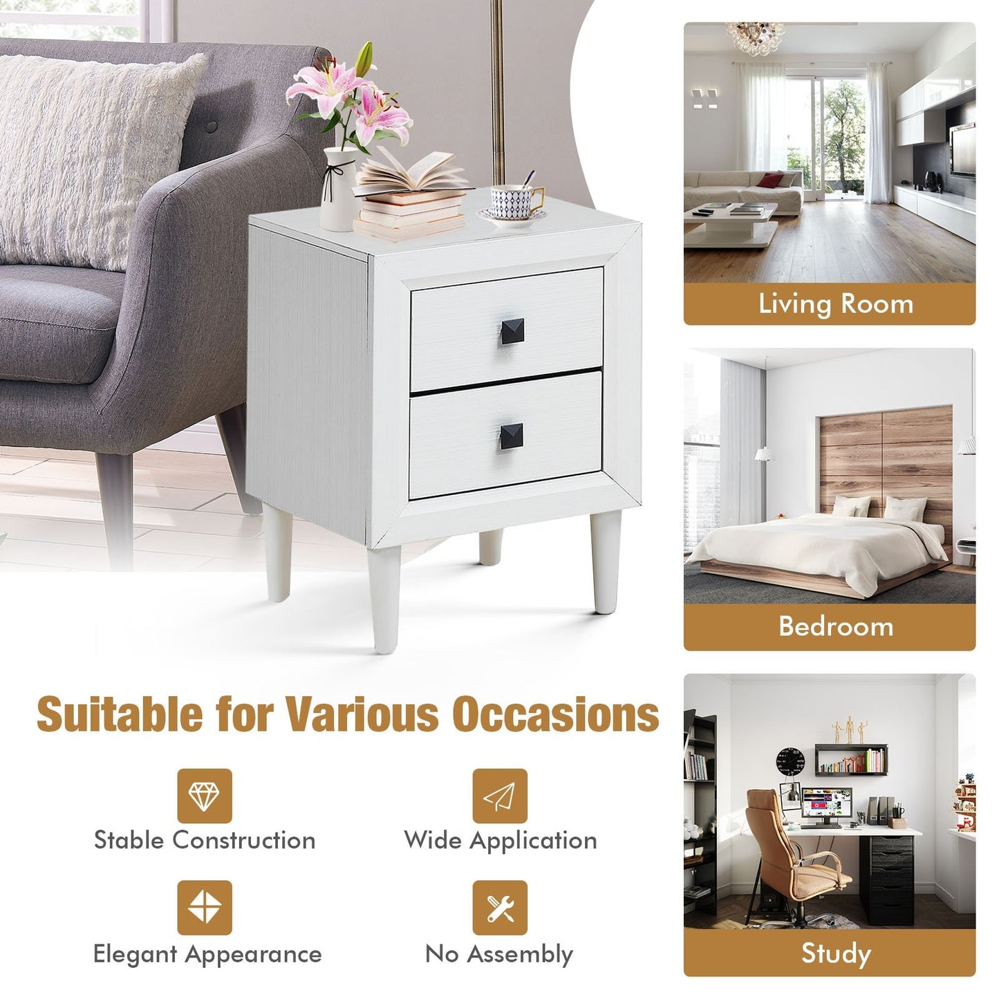 Multipurpose Retro Bedside Nightstand with 2 Drawers – White End Table