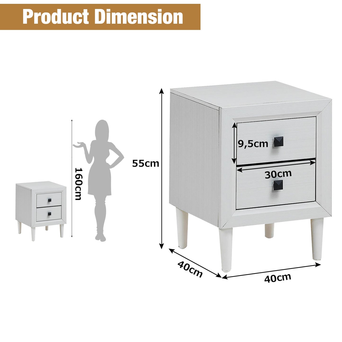 Multipurpose Retro Bedside Nightstand with 2 Drawers – White End Table