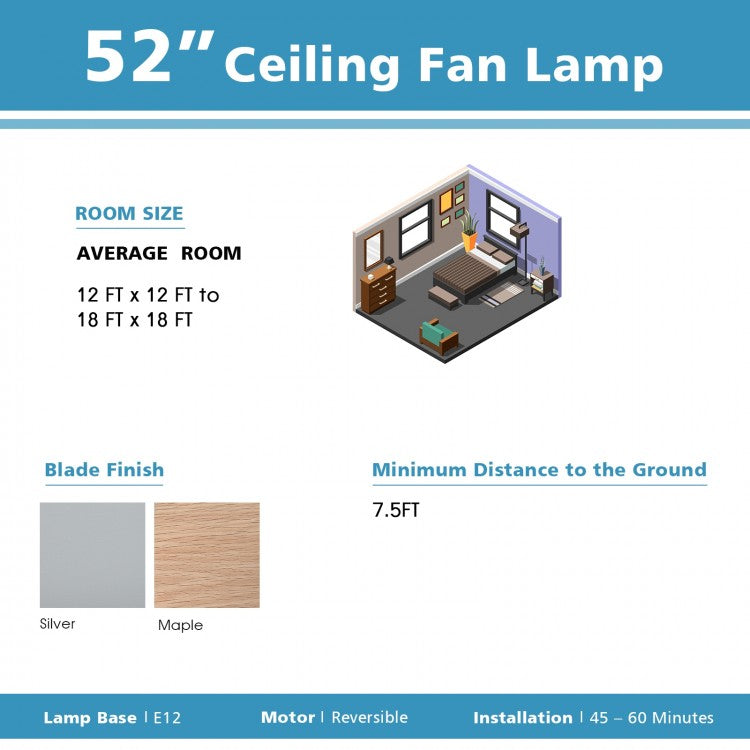 52 Inch Reversible Wooden Blade Ceiling Fan with Remote Control