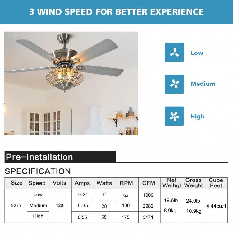 52 Inch Reversible Wooden Blade Ceiling Fan with Remote Control