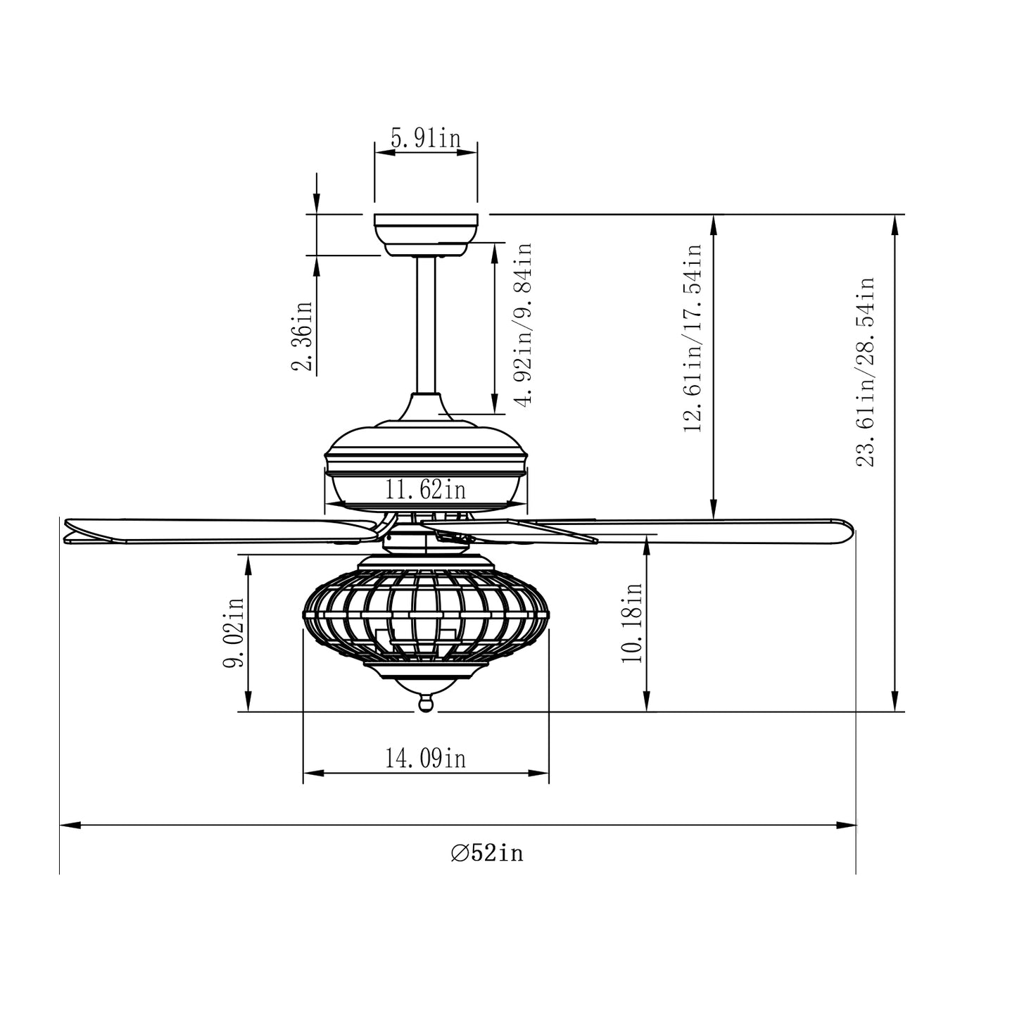 52 Inch Reversible Wooden Blade Ceiling Fan with Remote Control