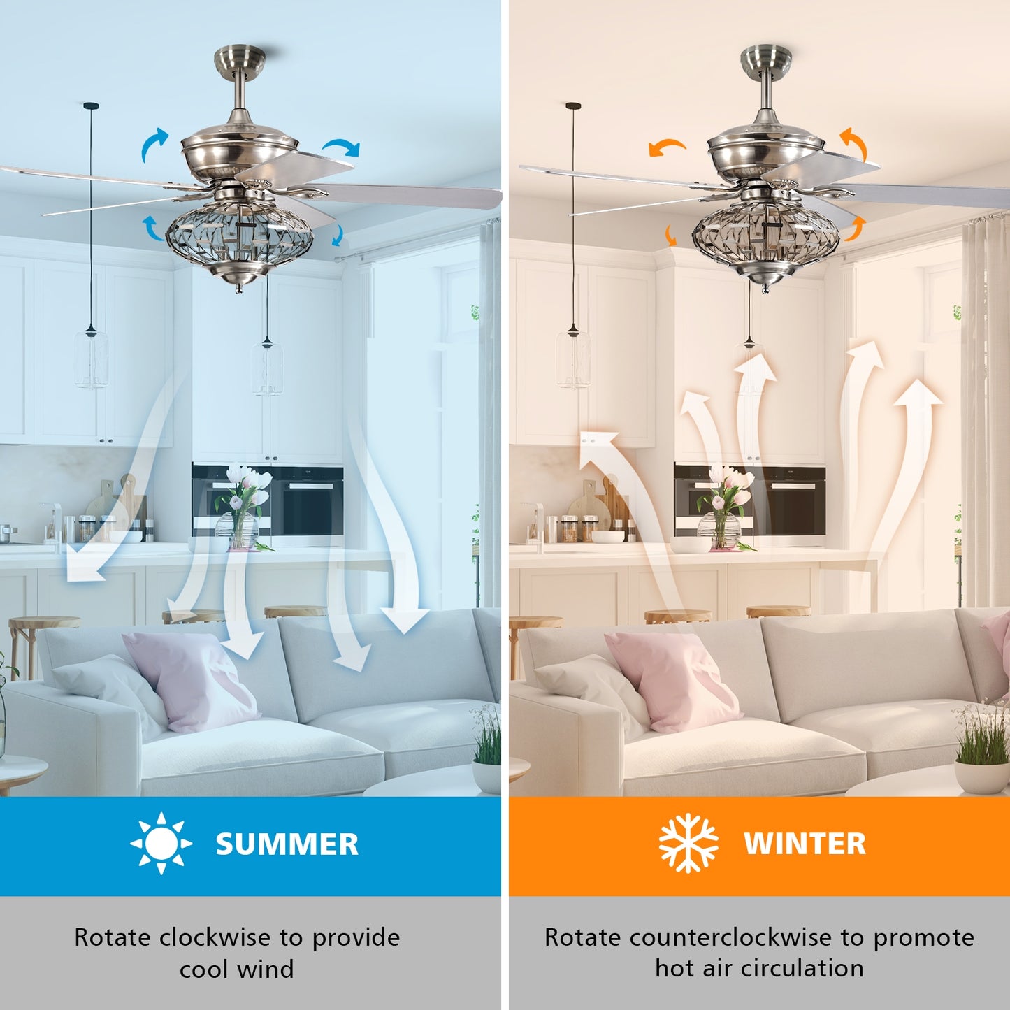 52 Inch Reversible Wooden Blade Ceiling Fan with Remote Control