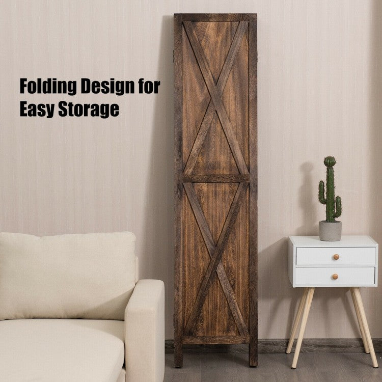 5.6 Ft 4 Panel Wooden Room Divider with Rustic X Design – Brown