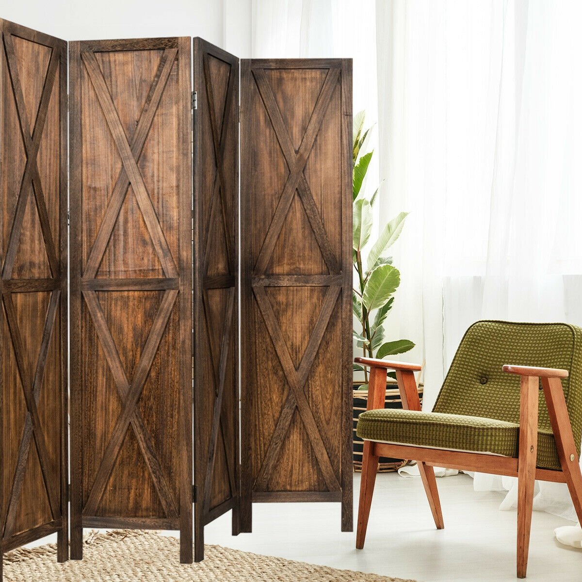 5.6 Ft 4 Panel Wooden Room Divider with Rustic X Design – Brown