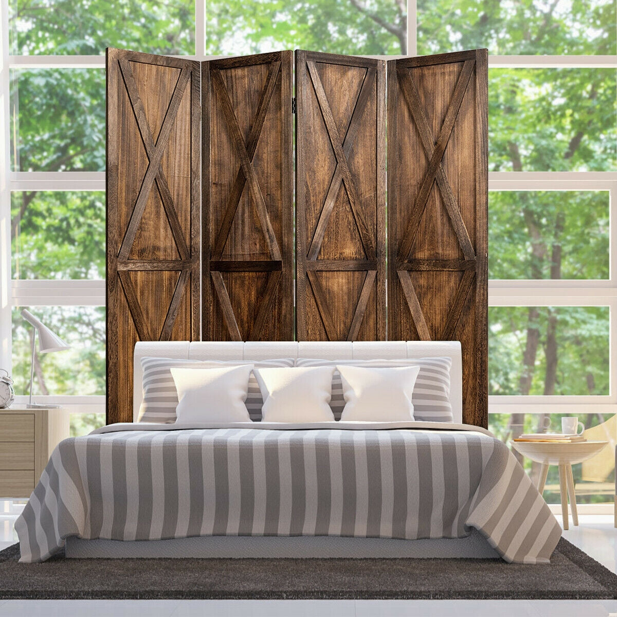 5.6 Ft 4 Panel Wooden Room Divider with Rustic X Design – Brown