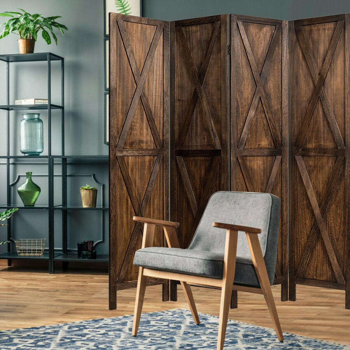 5.6 Ft 4 Panel Wooden Room Divider with Rustic X Design – Brown
