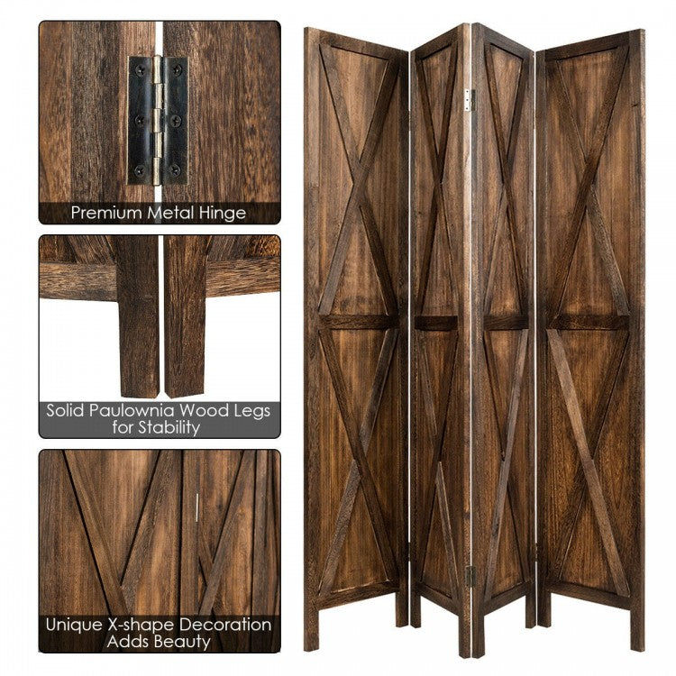 5.6 Ft 4 Panel Wooden Room Divider with Rustic X Design – Brown
