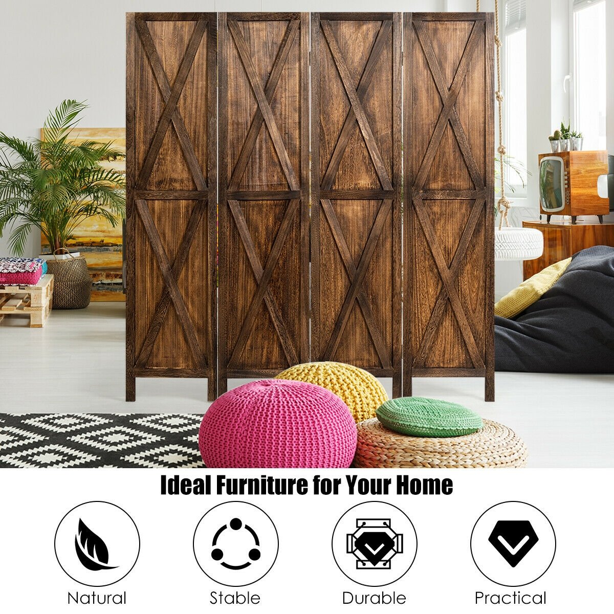5.6 Ft 4 Panel Wooden Room Divider with Rustic X Design – Brown