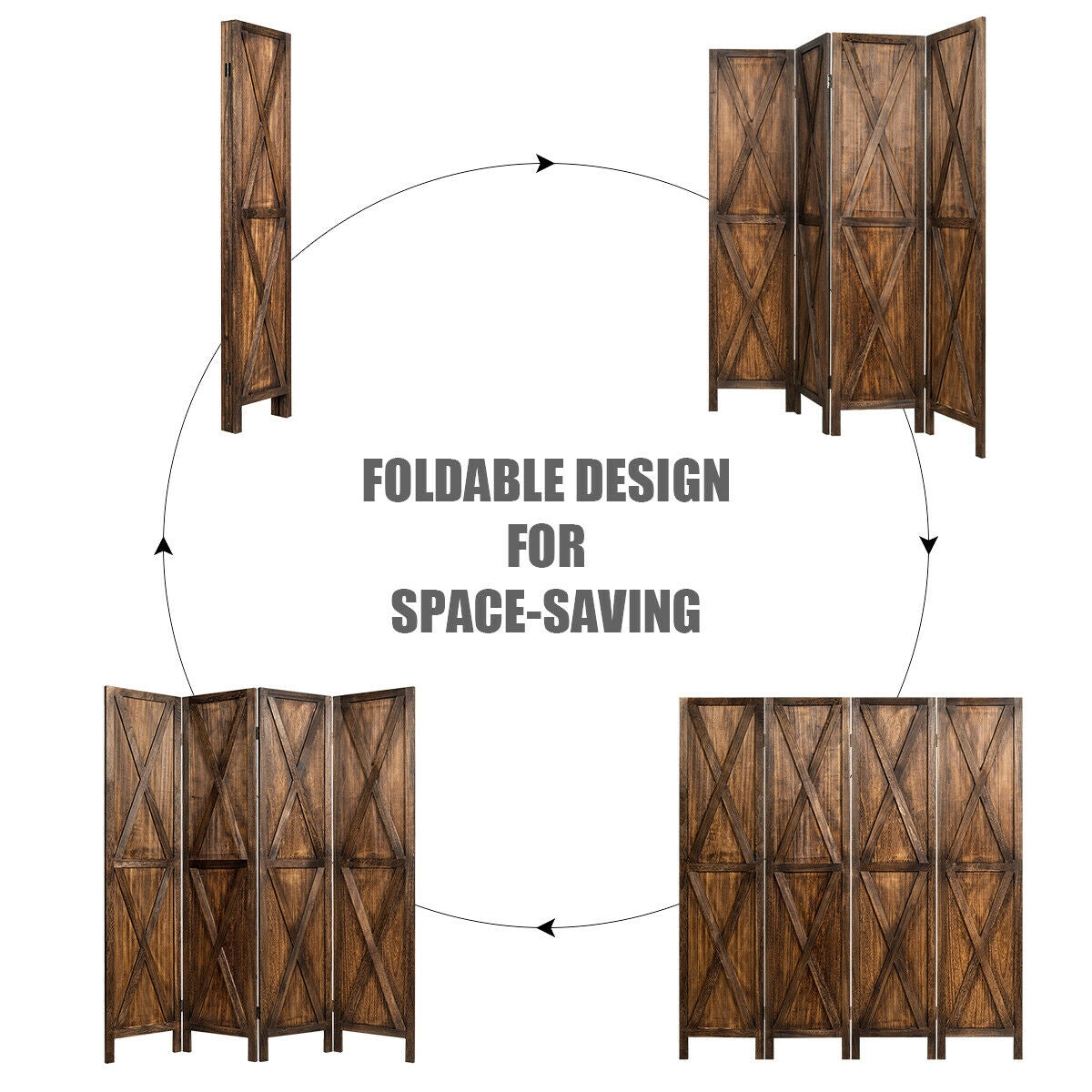 5.6 Ft 4 Panel Wooden Room Divider with Rustic X Design – Brown
