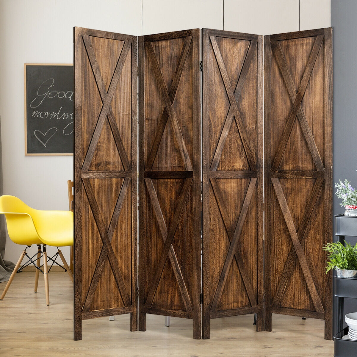 5.6 Ft 4 Panel Wooden Room Divider with Rustic X Design – Brown