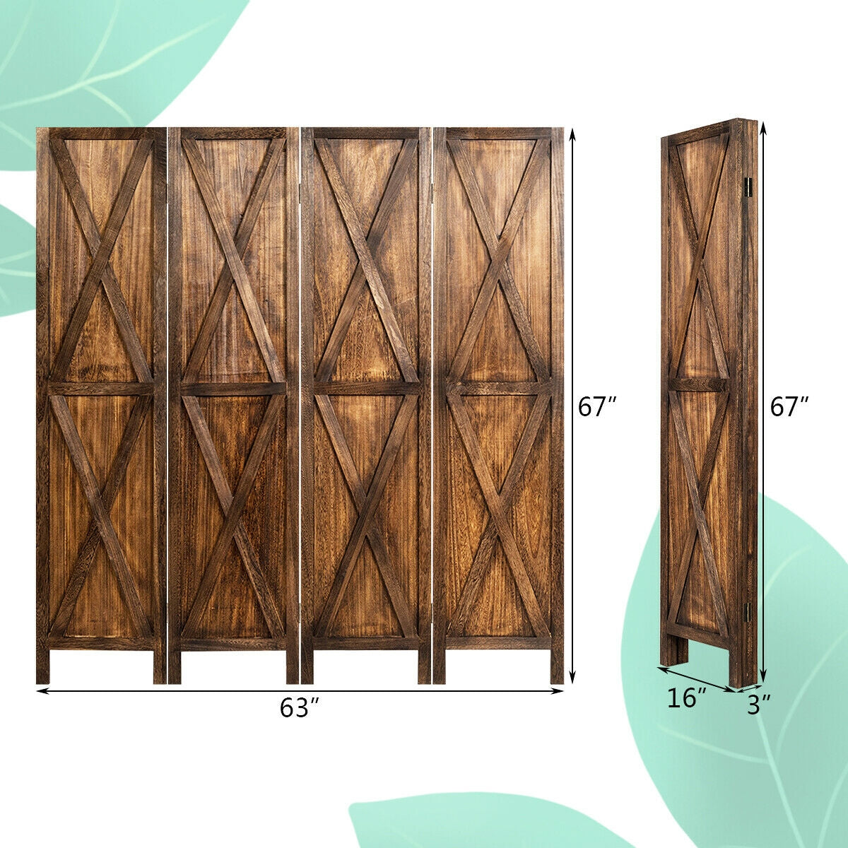 5.6 Ft 4 Panel Wooden Room Divider with Rustic X Design – Brown