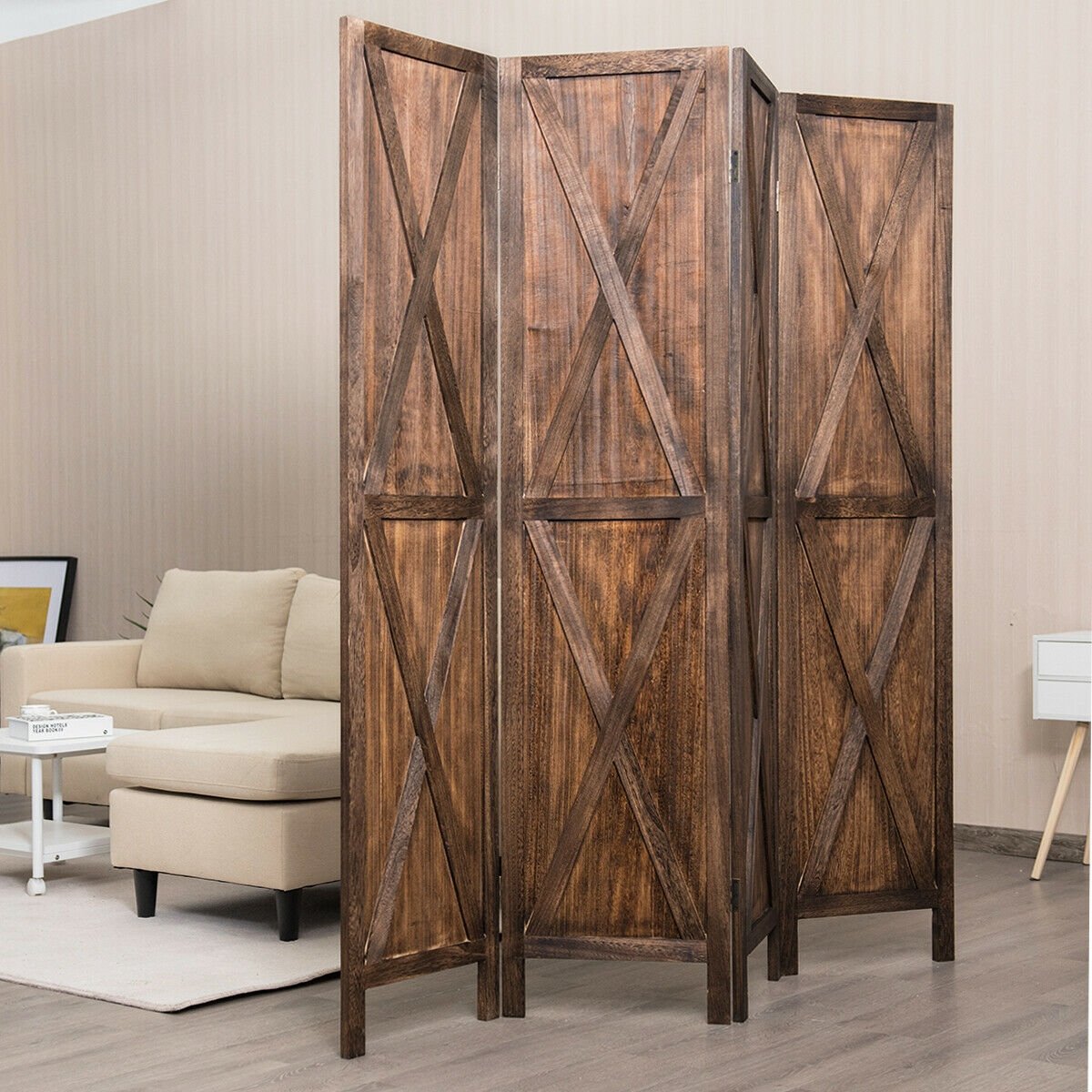 5.6 Ft 4 Panel Wooden Room Divider with Rustic X Design – Brown