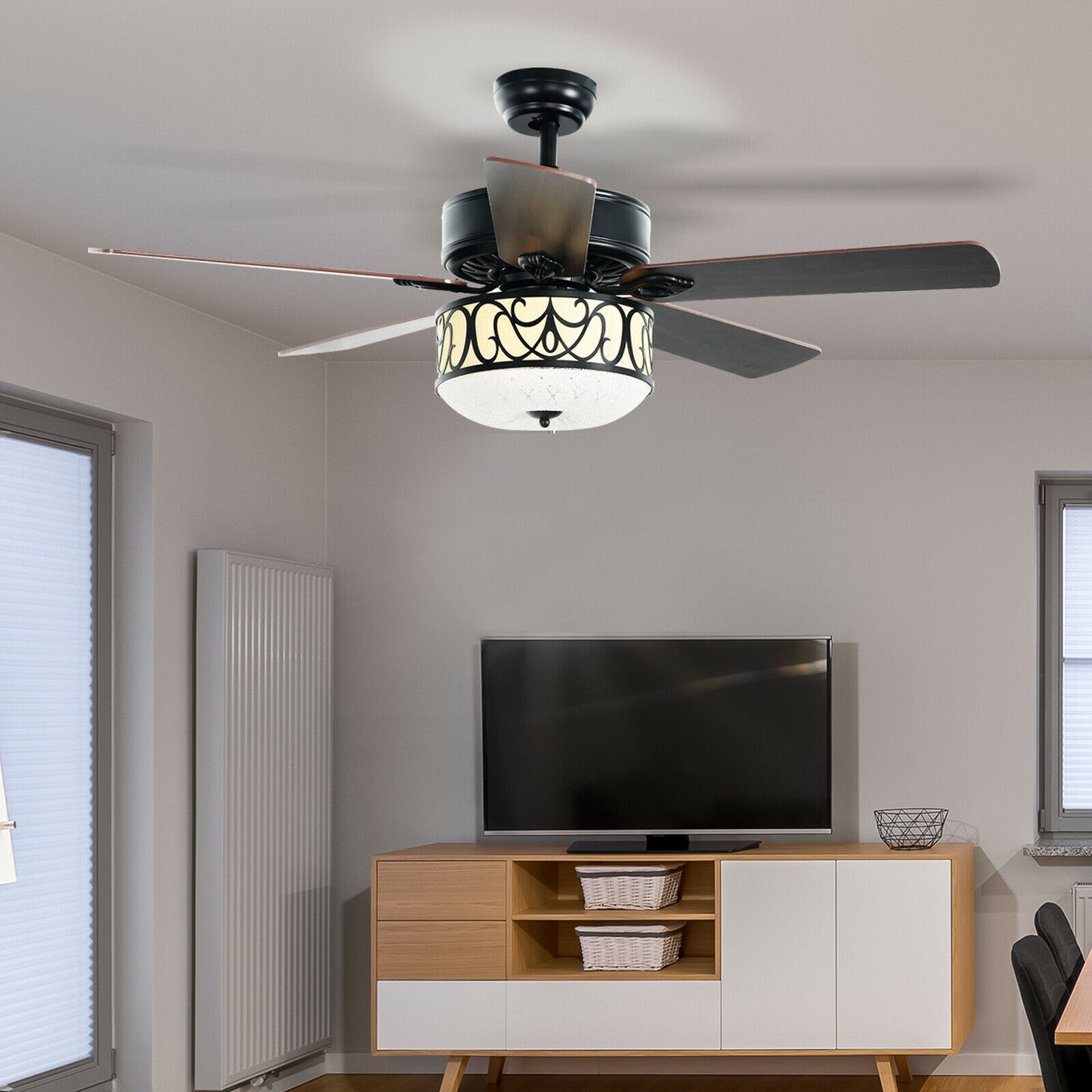 52 Inch Black Ceiling Fan with Light, Reversible Blades & Adjustable Speed Settings