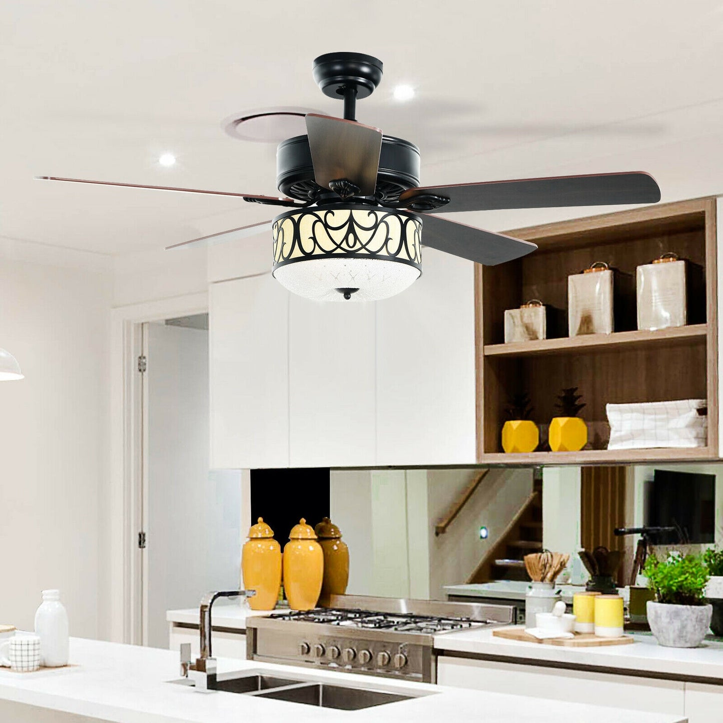 52 Inch Black Ceiling Fan with Light, Reversible Blades & Adjustable Speed Settings