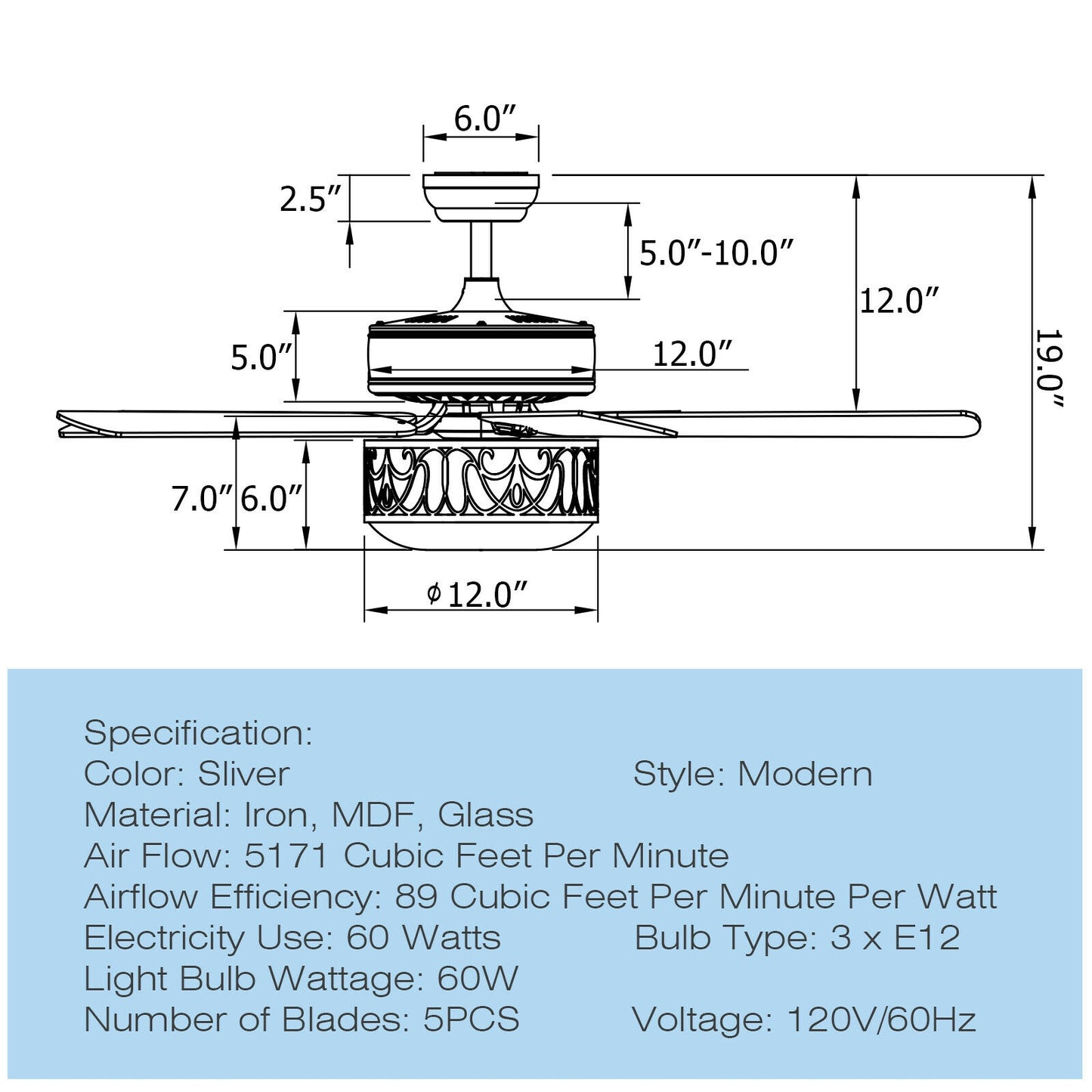 52 Inch Silver Ceiling Fan with Light, Reversible Blades & Adjustable Speed Settings