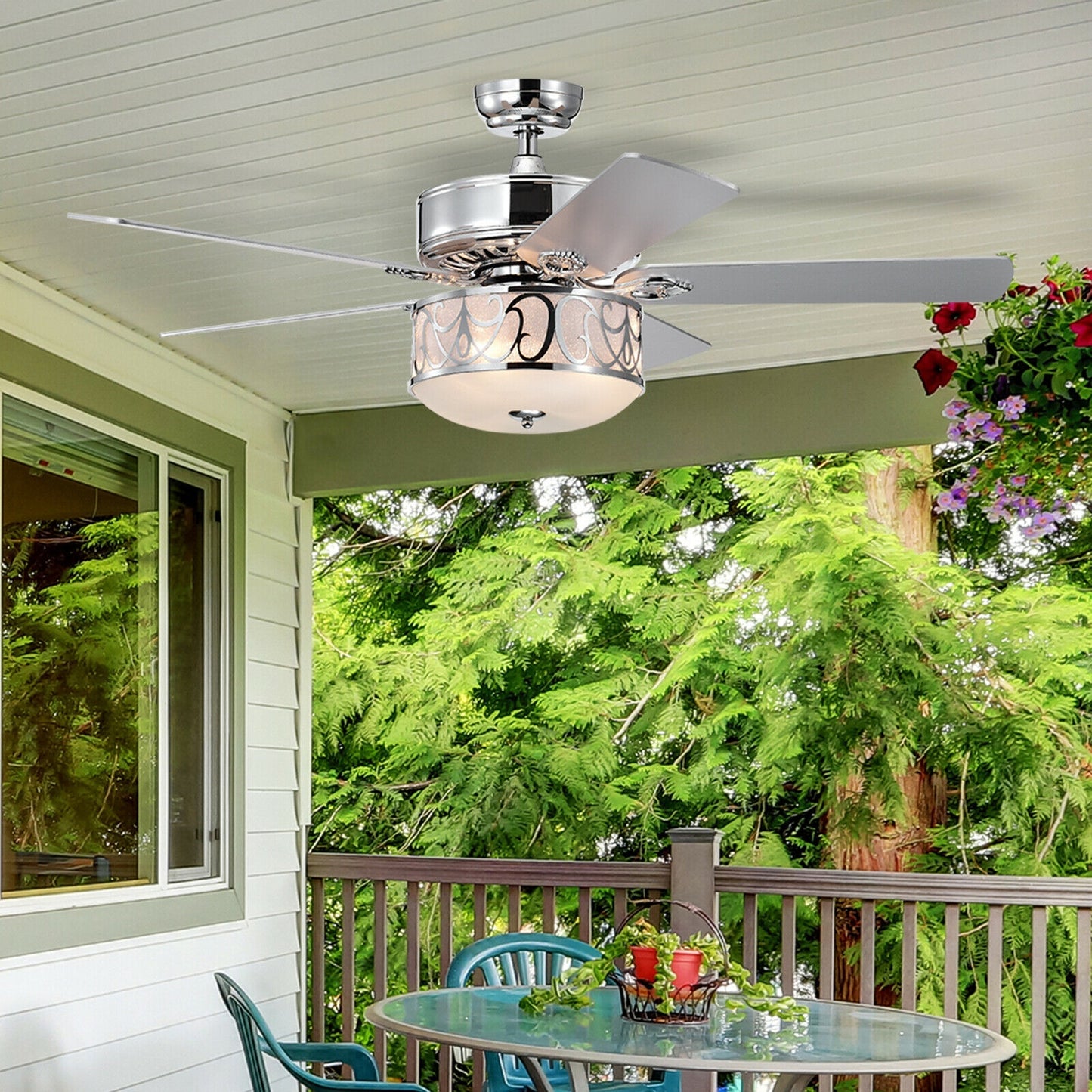 52 Inch Silver Ceiling Fan with Light, Reversible Blades & Adjustable Speed Settings