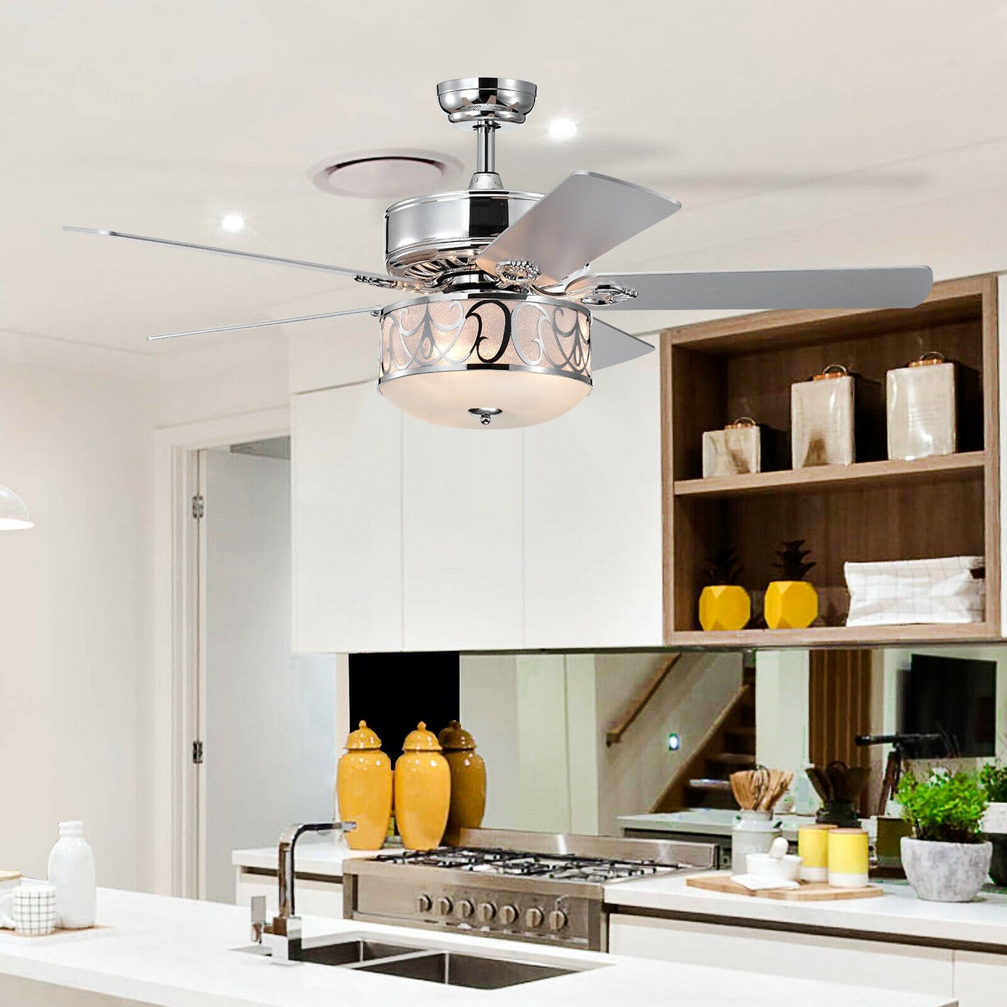 52 Inch Silver Ceiling Fan with Light, Reversible Blades & Adjustable Speed Settings