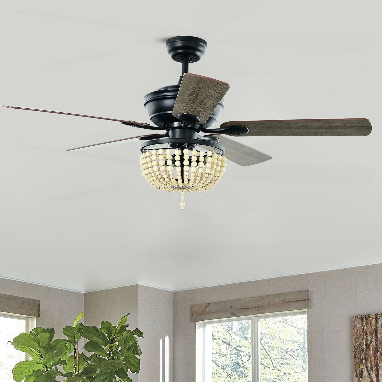 52 Inch Retro Ceiling Fan with Beads Lampshade, Reversible Blades & Remote Control – Black