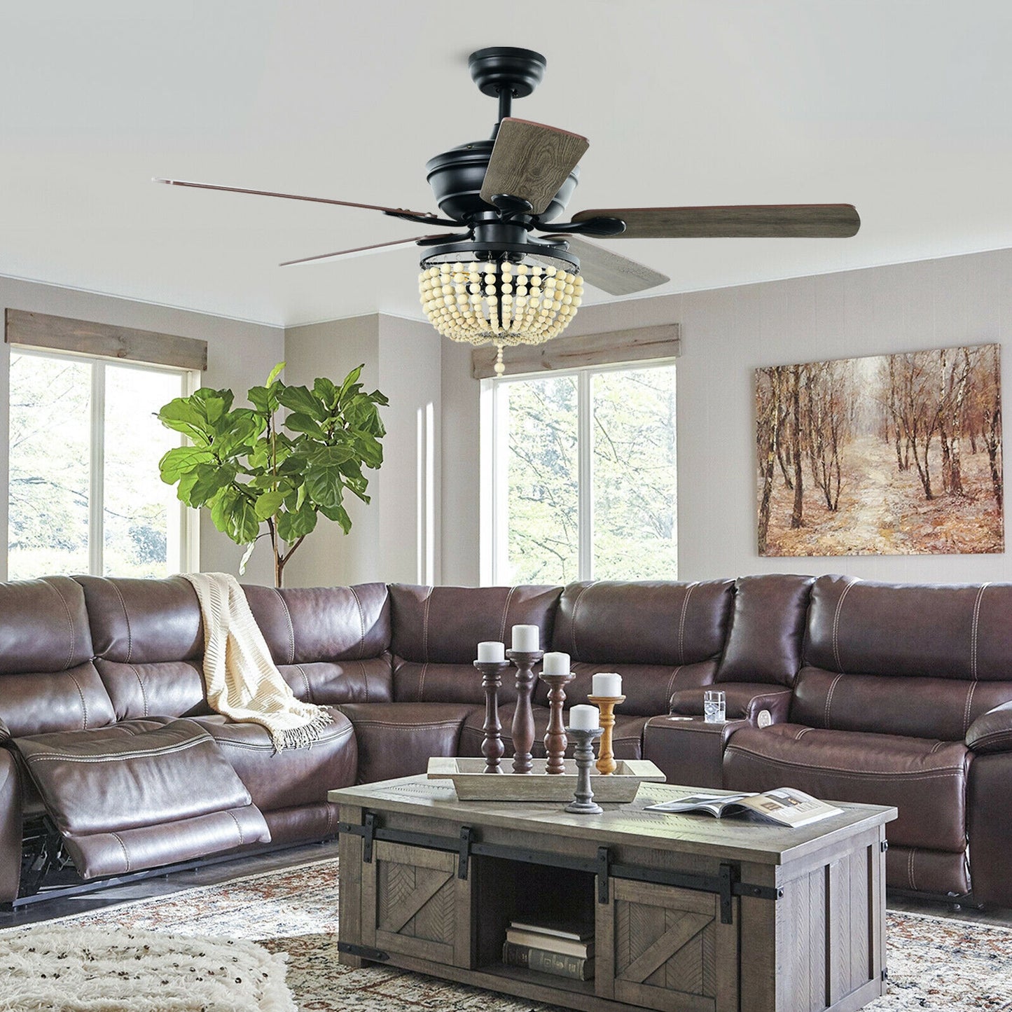52 Inch Retro Ceiling Fan with Beads Lampshade, Reversible Blades & Remote Control – Black