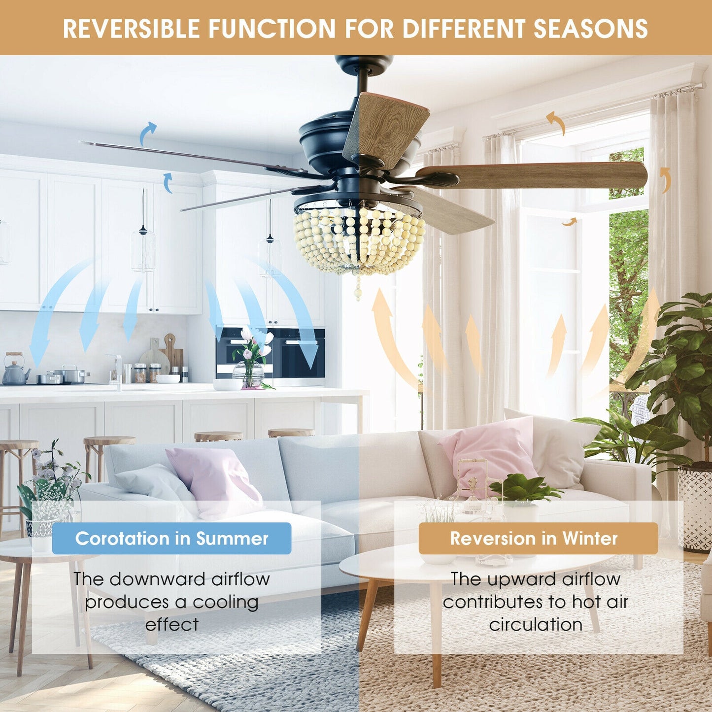 52 Inch Retro Ceiling Fan with Beads Lampshade, Reversible Blades & Remote Control – Black
