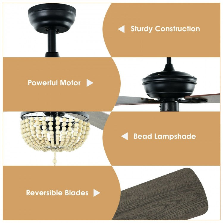 52 Inch Retro Ceiling Fan with Beads Lampshade, Reversible Blades & Remote Control – Black