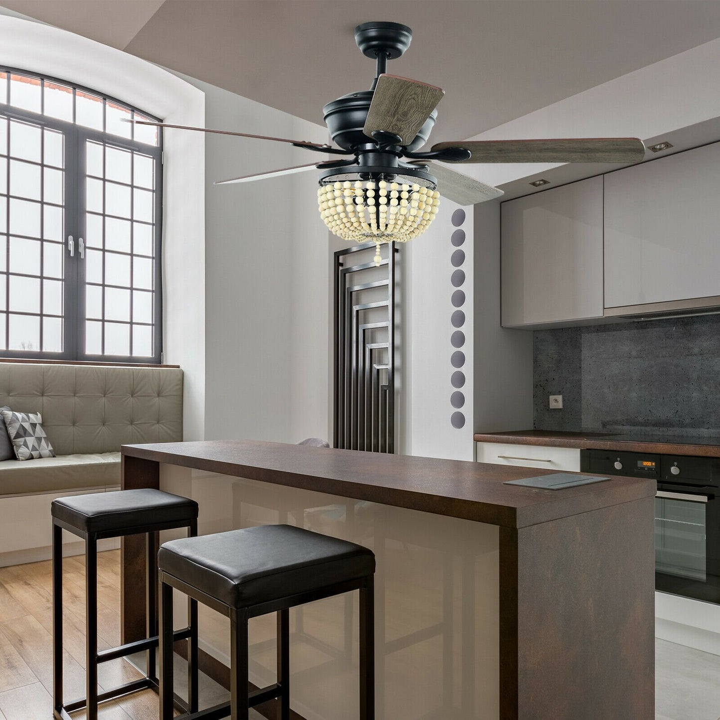 52 Inch Retro Ceiling Fan with Beads Lampshade, Reversible Blades & Remote Control – Black