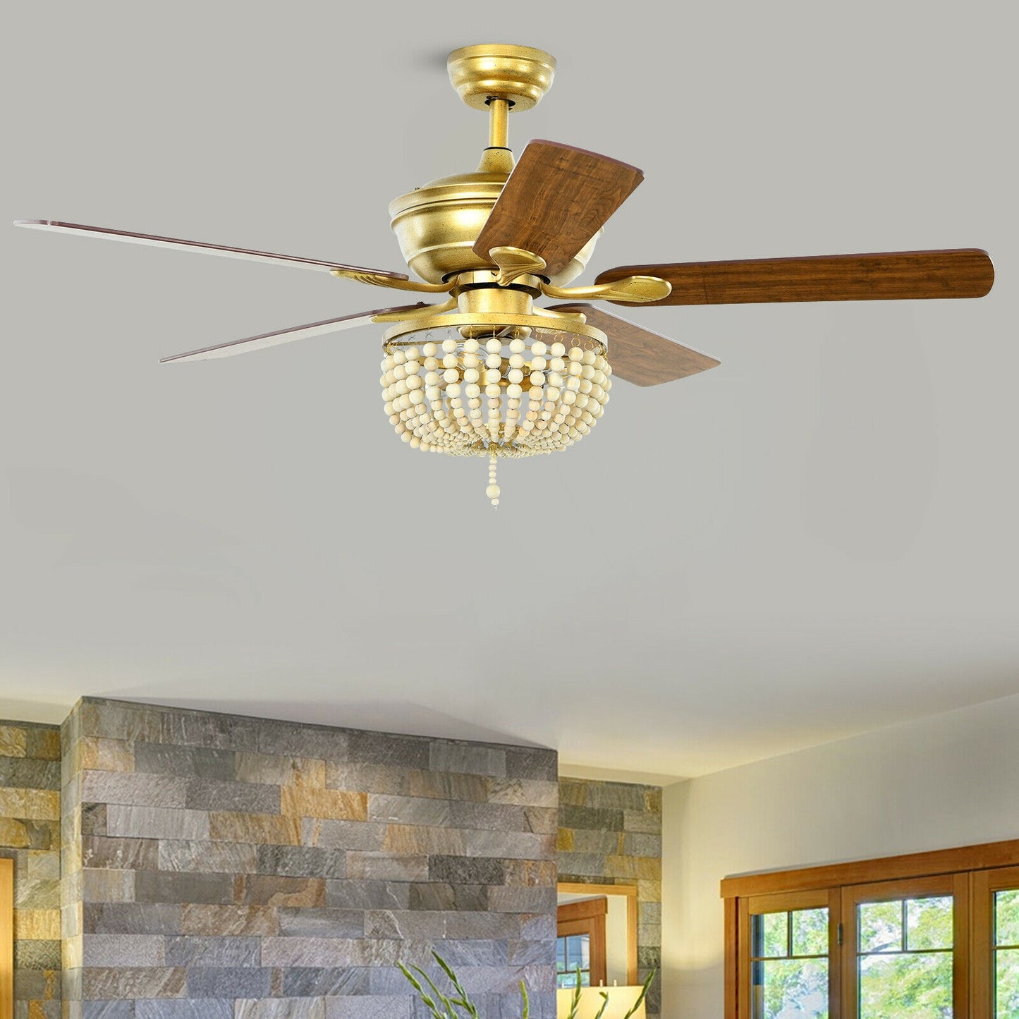 52 Inch Retro Ceiling Fan with Beads Lampshade, Reversible Blades & Remote Control – Golden