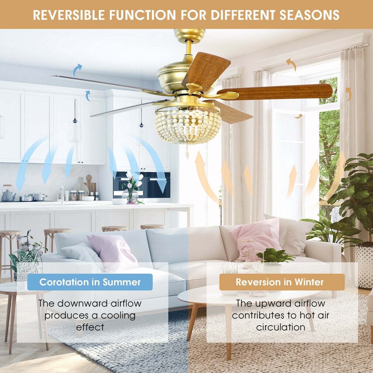 52 Inch Retro Ceiling Fan with Beads Lampshade, Reversible Blades & Remote Control – Golden