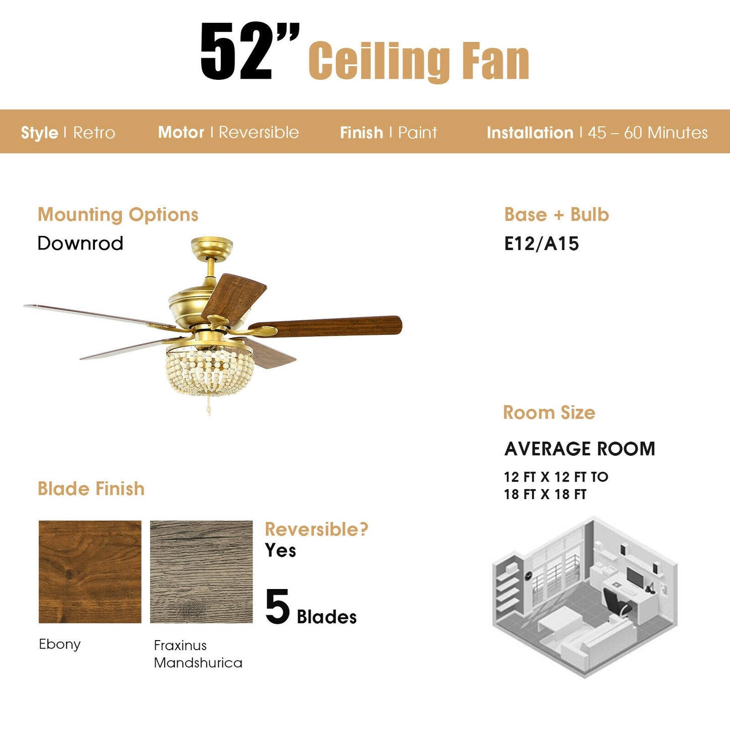 52 Inch Retro Ceiling Fan with Beads Lampshade, Reversible Blades & Remote Control – Golden