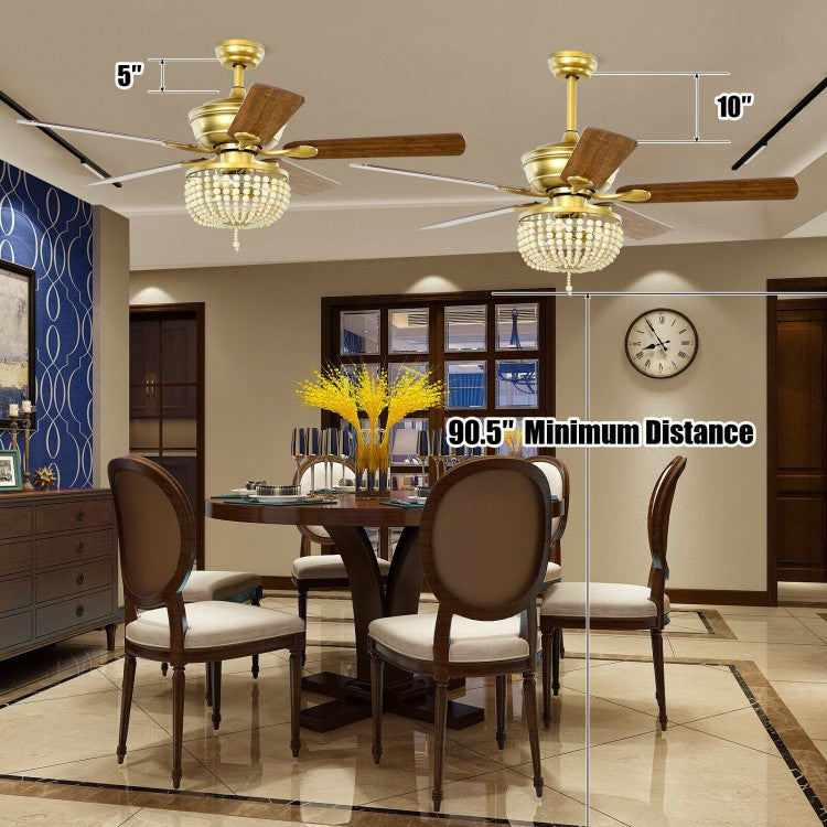 52 Inch Retro Ceiling Fan with Beads Lampshade, Reversible Blades & Remote Control – Golden