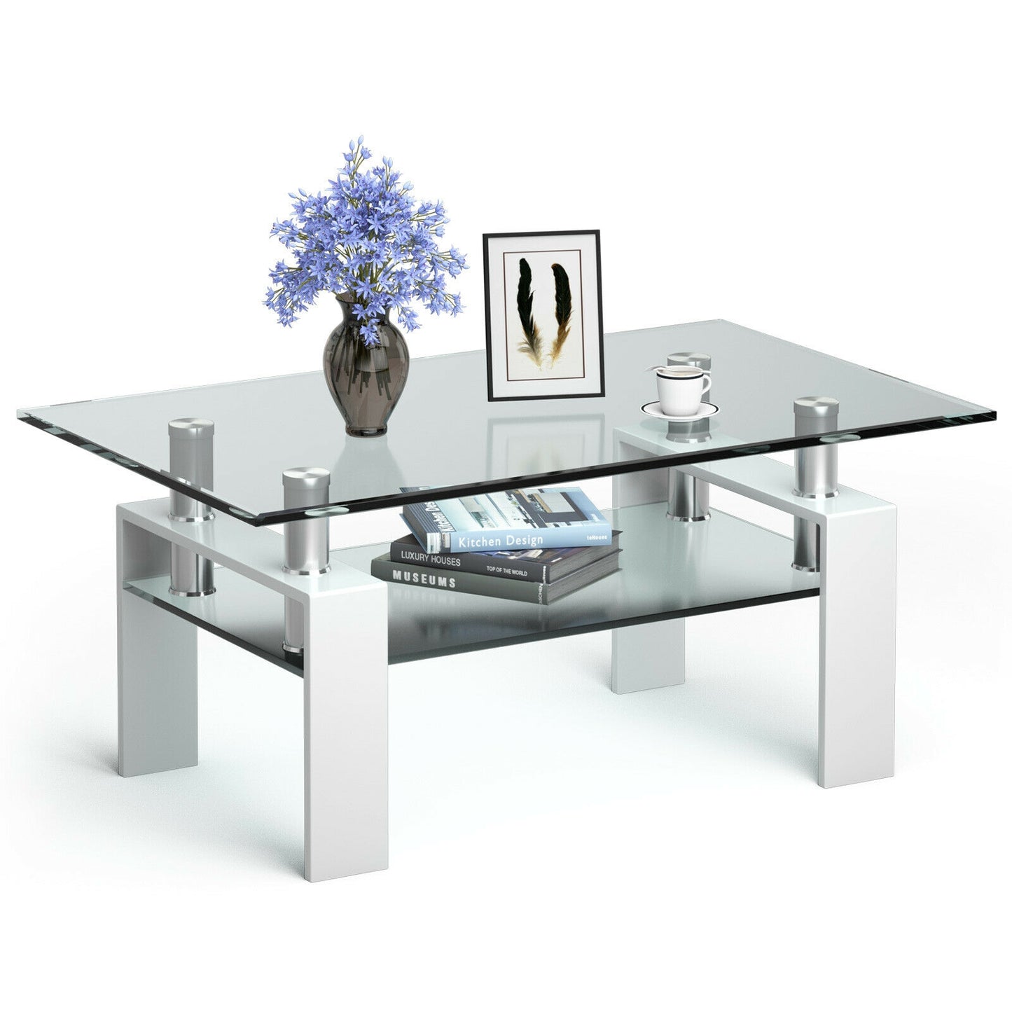 Contemporary Rectangle Coffee Table with Tempered Glass Top and Metal Legs, White