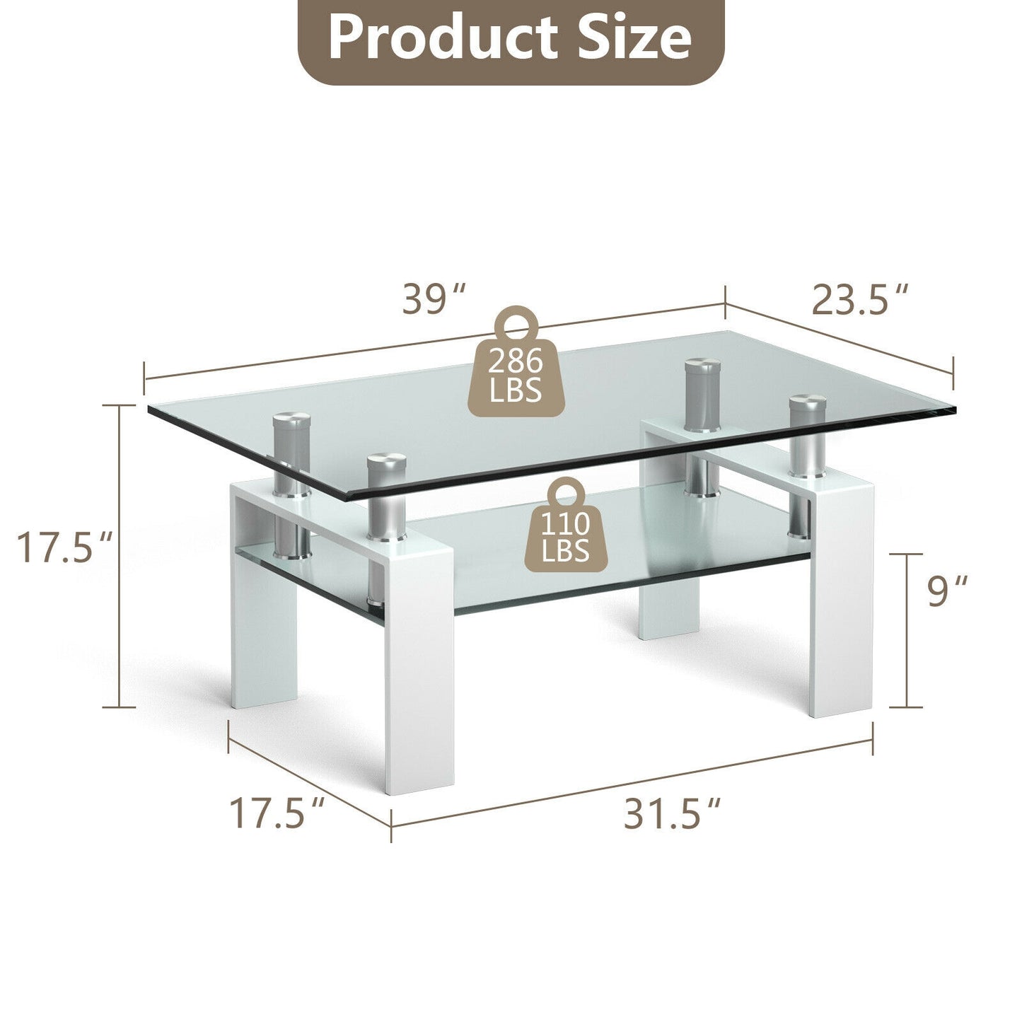 Contemporary Rectangle Coffee Table with Tempered Glass Top and Metal Legs, White