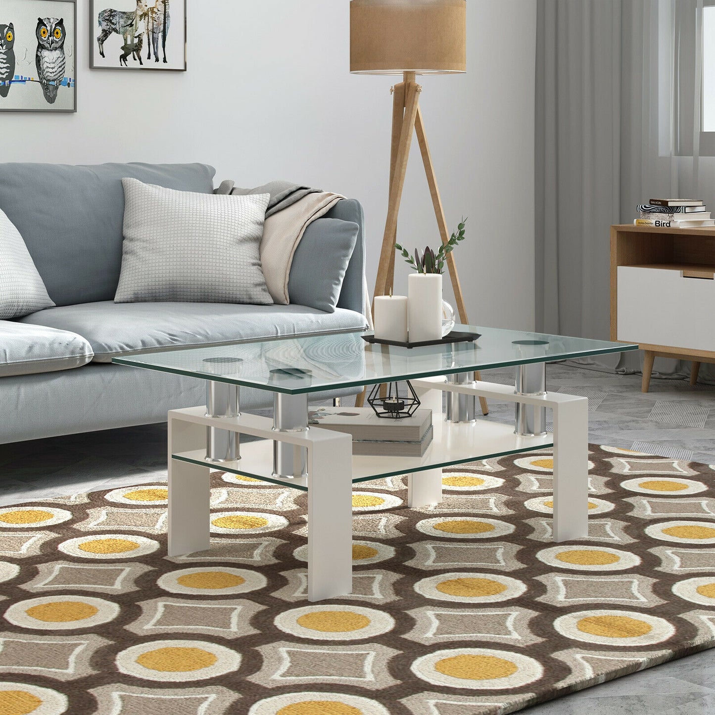 Contemporary Rectangle Coffee Table with Tempered Glass Top and Metal Legs, White