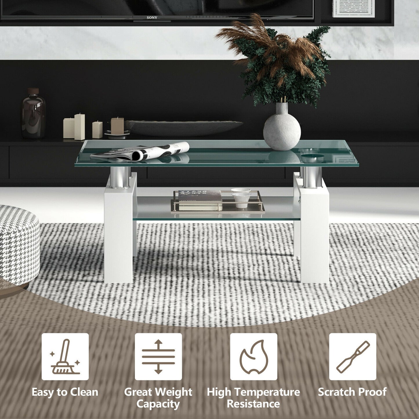 Contemporary Rectangle Coffee Table with Tempered Glass Top and Metal Legs, White