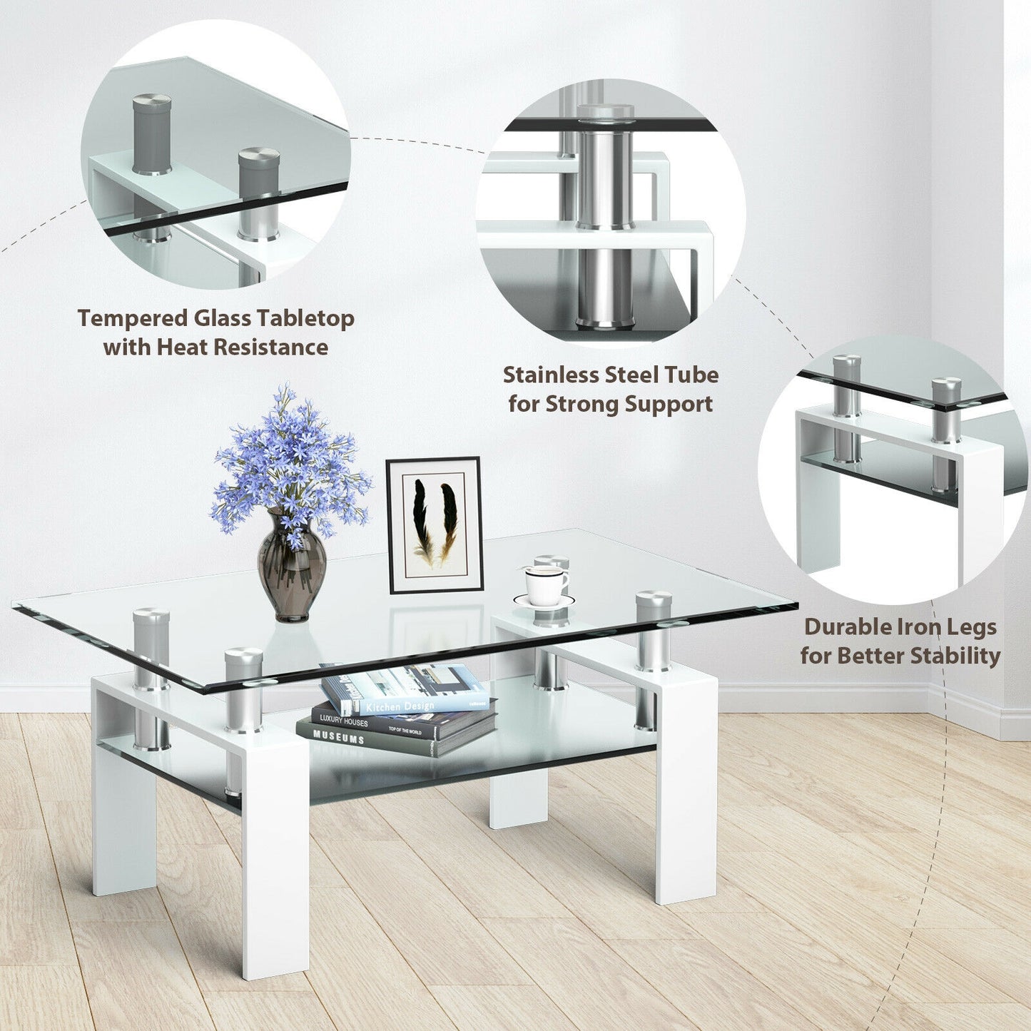 Contemporary Rectangle Coffee Table with Tempered Glass Top and Metal Legs, White