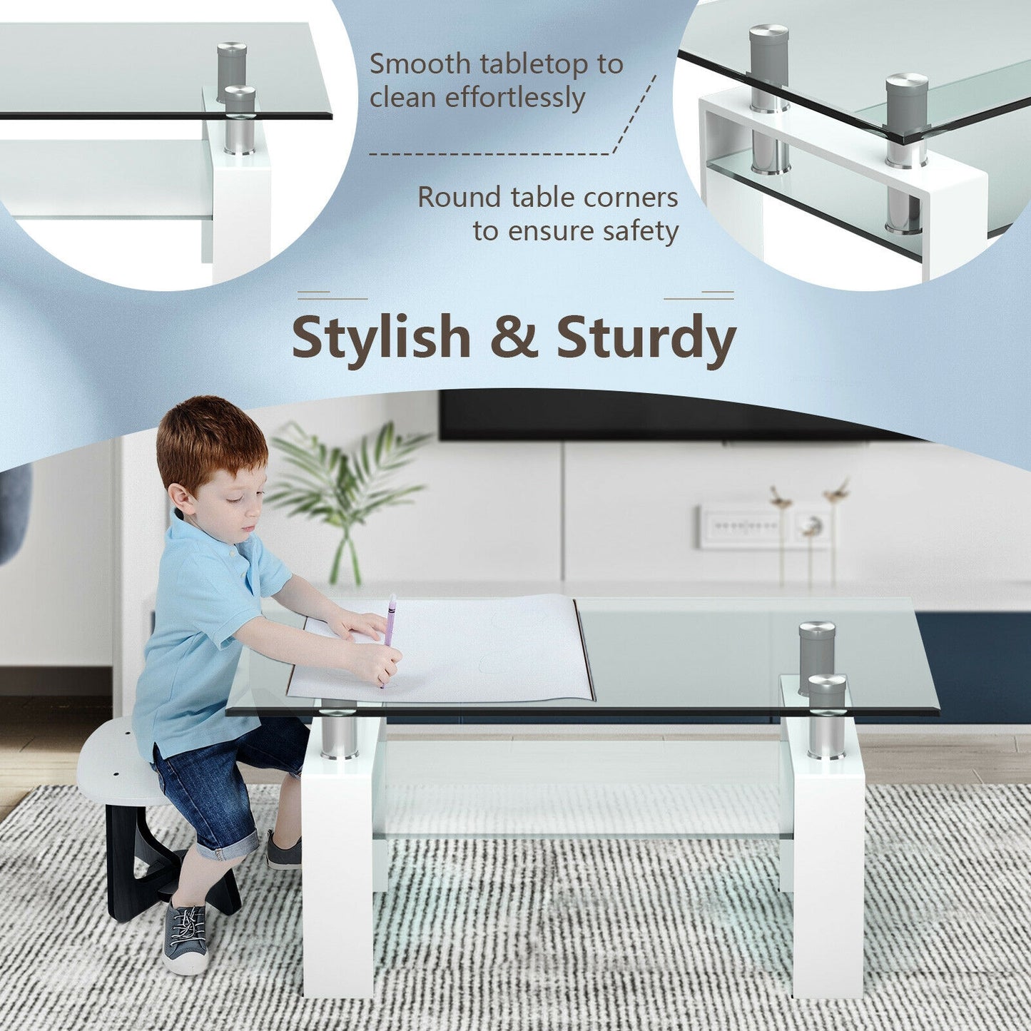 Contemporary Rectangle Coffee Table with Tempered Glass Top and Metal Legs, White