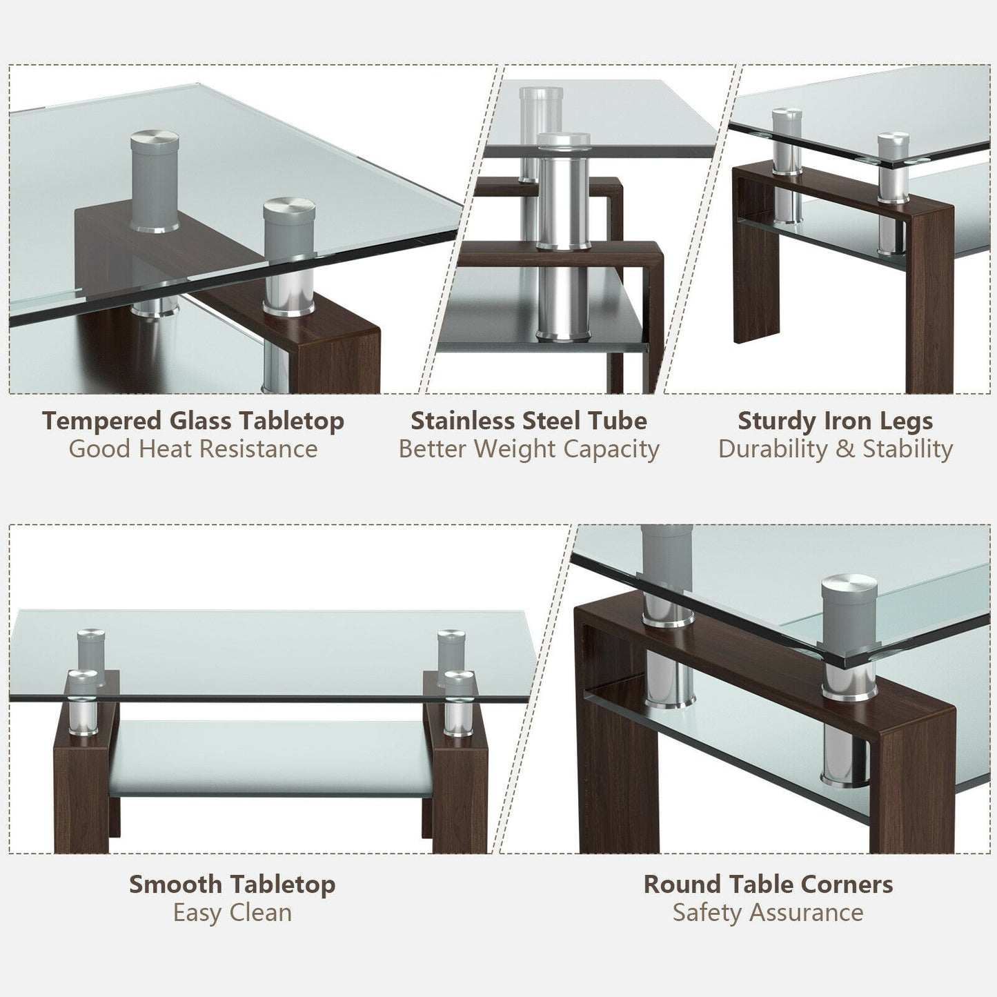 Contemporary Rectangle Coffee Table with Tempered Glass Top and Metal Legs, Brown