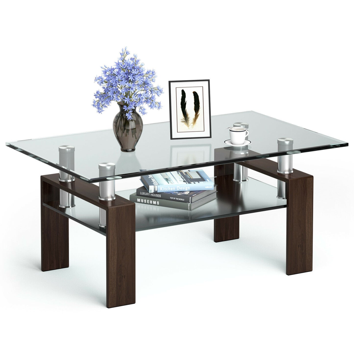 Contemporary Rectangle Coffee Table with Tempered Glass Top and Metal Legs, Brown