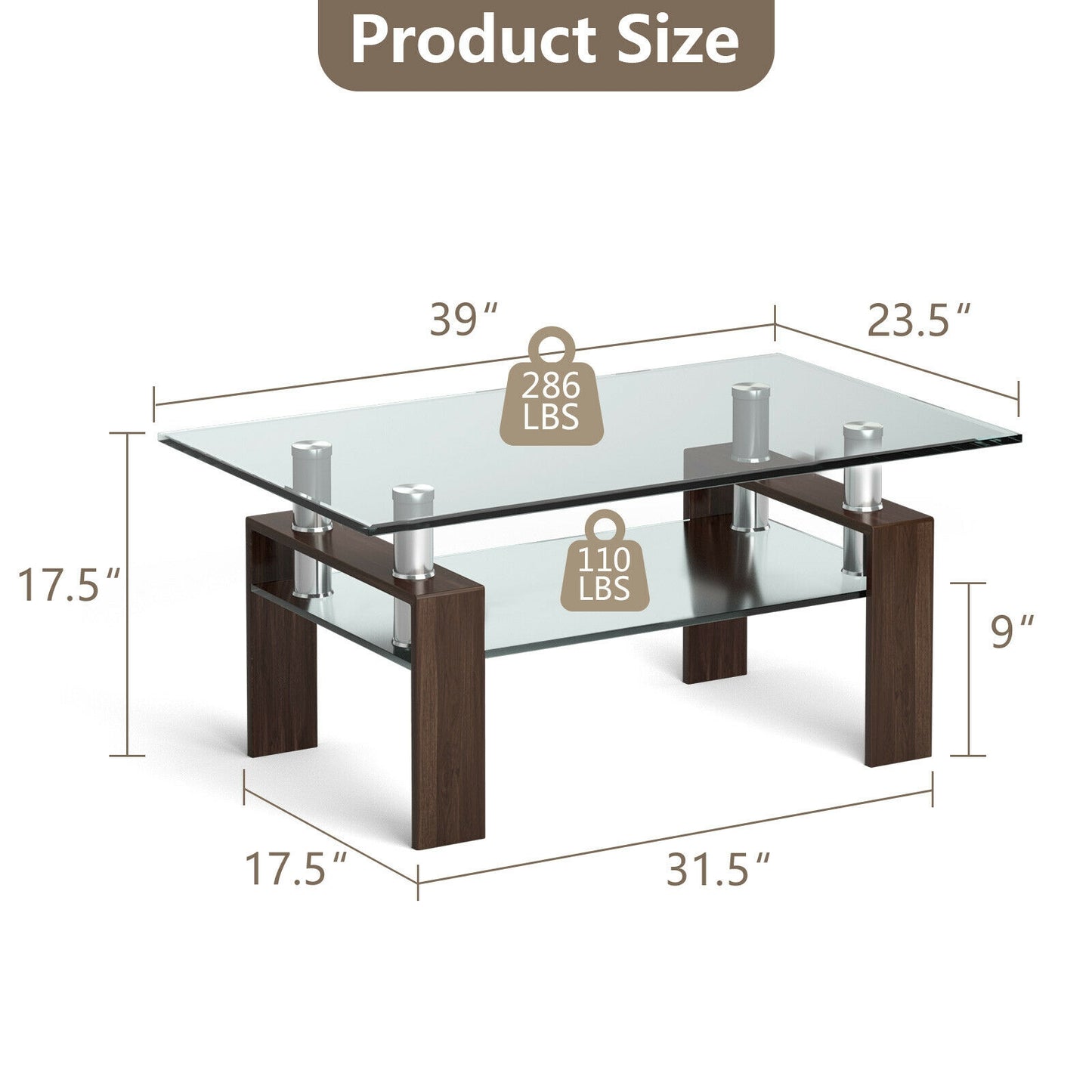 Contemporary Rectangle Coffee Table with Tempered Glass Top and Metal Legs, Brown